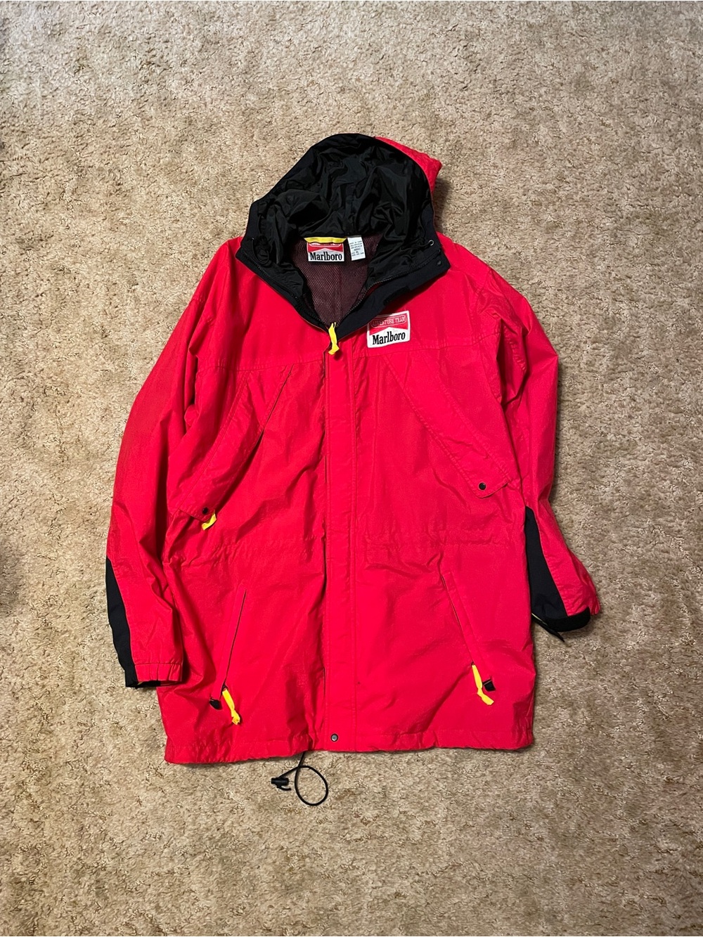 Marlboro Red Jacket with Black Hood and Yellow Accents